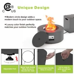 30 In. Round Propane Fire Pit Table 50,000 BTU Gray Outdoor Fire Table With Lid, Rocks And Cover-Backyard Fire Pits -Fire Place Store dark gray evita gas fire pits ft061 fa 1000