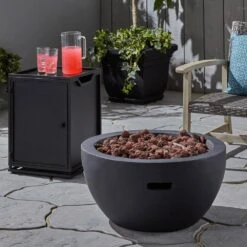 Marcel 26.75 In. W X 13.25 In. H Round Lightweight Concrete Outdoor Patio Propane Fire Pit In Dark Grey -Fire Place Store dark grey noble house fire pit kits 67444 31 1000