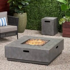 Wellington 15.25 In. X 19.75 In. Square Concrete Propane Outdoor Patio Fire Pit In Dark Grey With Tank Holder