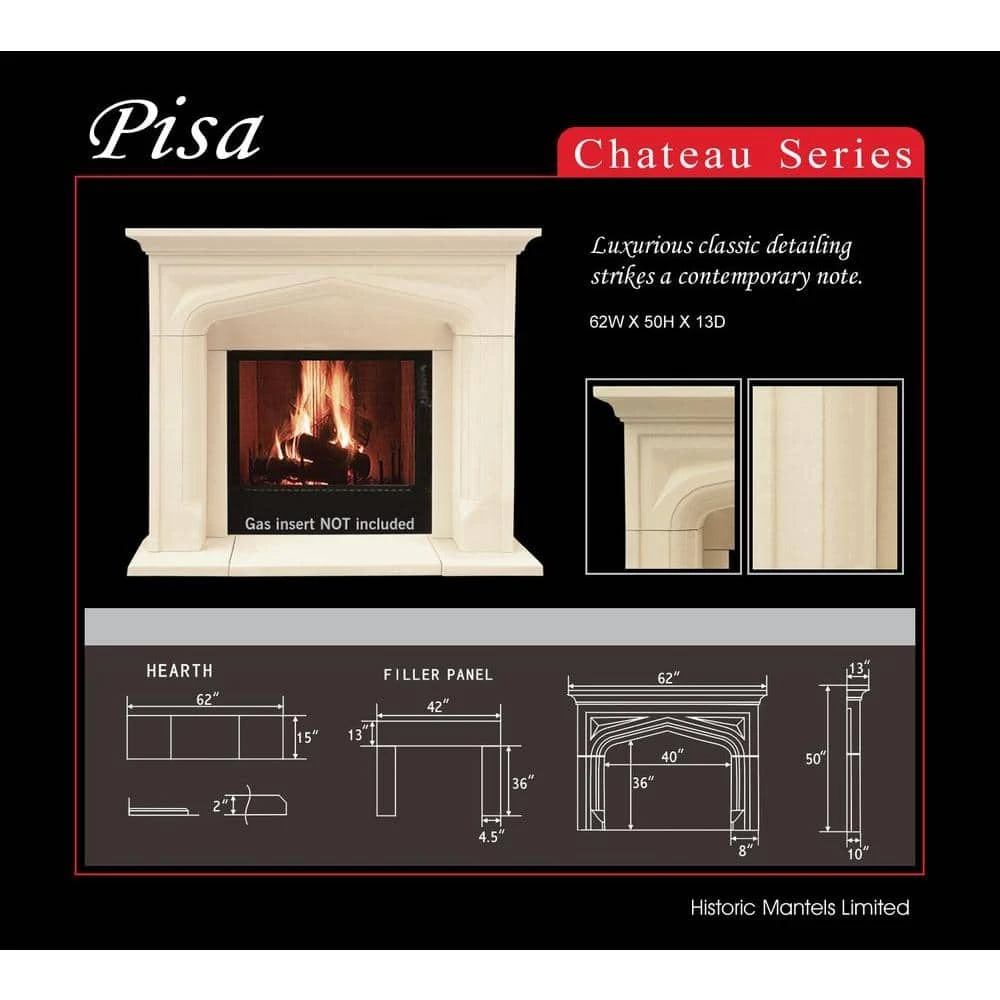 Chateau Series Pisa 48 In. X 62 In. Cast Stone Mantel 3 Chateau Series Pisa 48 In. X 62 In. Cast Stone Mantel - Image 3