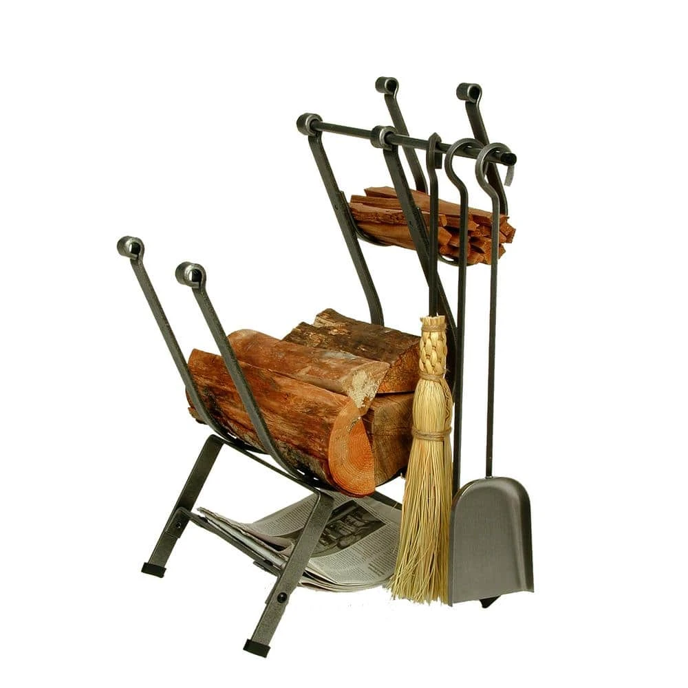 Handcrafted Front Loading Firewood Rack With Tools Hammered Steel 3 Handcrafted Front Loading Firewood Rack With Tools Hammered Steel - Image 3