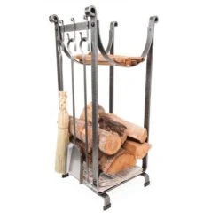 Handcrafted Sling Fireplace Log Rack With Newspaper Holder And Tools Hammered Steel