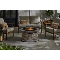36.00 In. W Envirostone Magnesium Oxide Wood Outdoor Fire Pit With Cover, Cooking Grate, And Poker Included