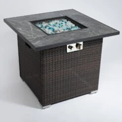 29.92 In. W X 29.92 In. D X 24.80 In. H Square Steel And PE Rattan Propane Outdoor Fire Pits In Espresso