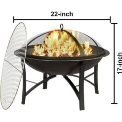 Black Fire Pit Steel Bowl With Spark Screen Cover, Log Grate & Poker For Outdoor -Fire Place Store fire pit covers and accessories 28cph020002 44 1000