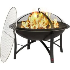 Black Fire Pit Steel Bowl With Spark Screen Cover, Log Grate & Poker For Outdoor