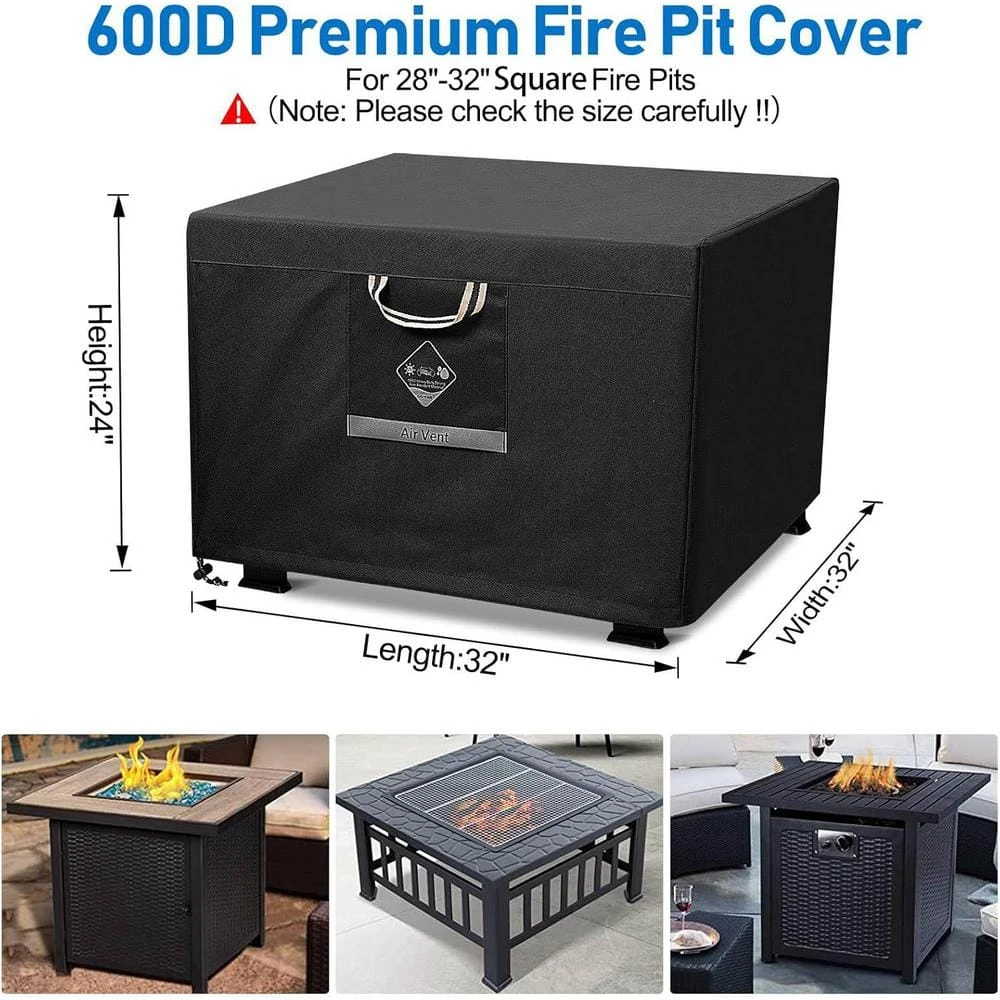 Fire Pit Outdoor Cover Square Super Waterproof 600D Strong Tear Resistant UPF 50+ Cover Fading Resistant, Black 3 Fire Pit Outdoor Cover Square Super Waterproof 600D Strong Tear Resistant UPF 50+ Cover Fading Resistant, Black - Image 3