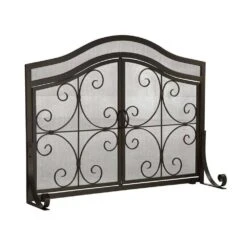 Small Crested Wrought Iron And Steel 1-Panel Fire Screen With Doors