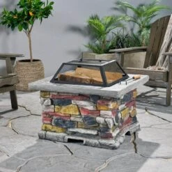 28 In. Stone Gray Concrete Fire Pit Table With Lid - Outdoor Wood Burning Fire Pit For Patio And Yard -Fire Place Store firewood fire stove 1 c3 1000