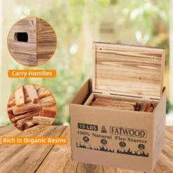 15 Lbs. Fatwood Fire Starter Sticks In Gift Box, 100% Natural Kindling, Pine, Natural Color, Campfire, Fireplace, Grill -Fire Place Store firewood firstihhm 1 1d 1000