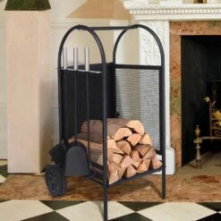 31.5 In. X 14 In. X 14 In. Black Firewood Rack Log Cart With Wheels And 3 Fireplace Tool Set 7 31.5 In. X 14 In. X 14 In. Black Firewood Rack Log Cart With Wheels And 3 Fireplace Tool Set -Fire Place Store firewood out d 36 4f 1000