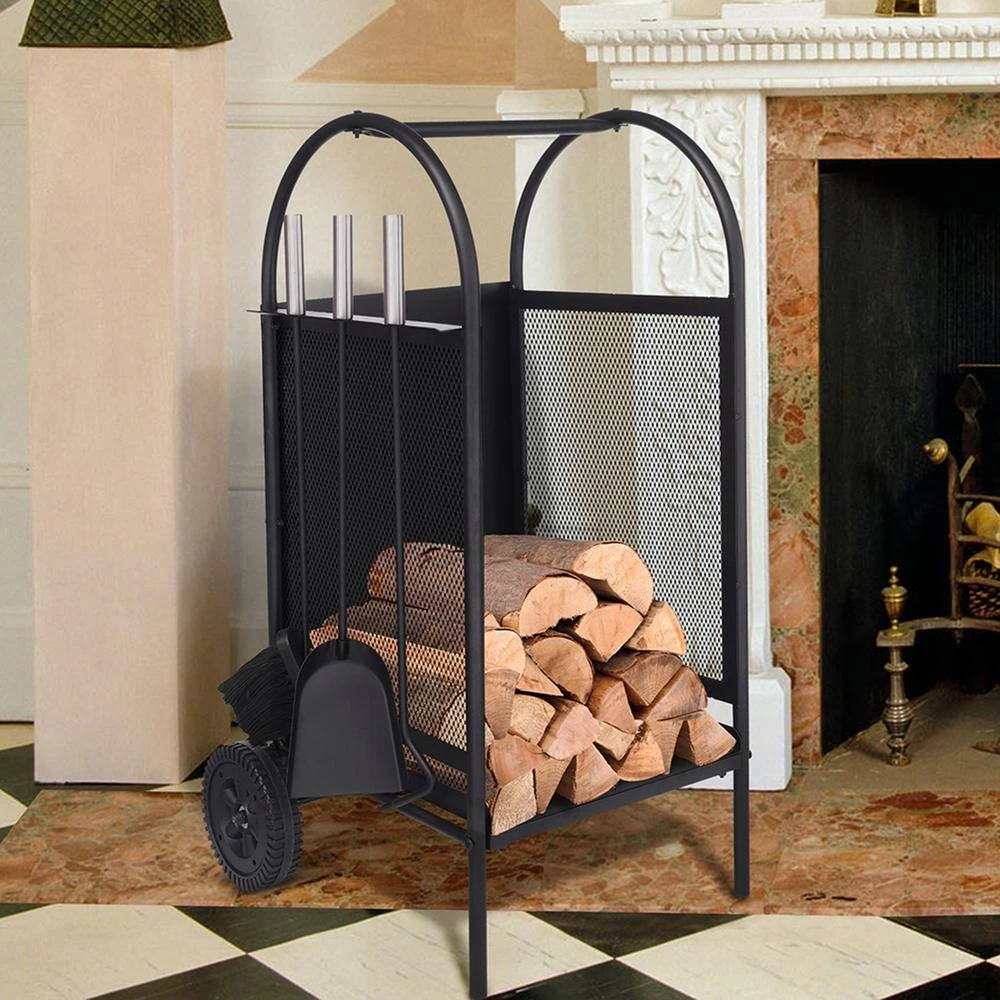 31.5 In. X 14 In. X 14 In. Black Firewood Rack Log Cart With Wheels And 3 Fireplace Tool Set 3 31.5 In. X 14 In. X 14 In. Black Firewood Rack Log Cart With Wheels And 3 Fireplace Tool Set - Image 3