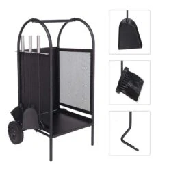 31.5 In. X 14 In. X 14 In. Black Firewood Rack Log Cart With Wheels And 3 Fireplace Tool Set