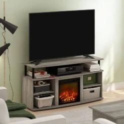 Jensen 47.24 In. Freestanding Wood Smart Electric Fireplace TV Stand In French Oak Grey/Black -Fire Place Store french oak grey black furinno fireplace tv stands 23157gywfbk 31 1000