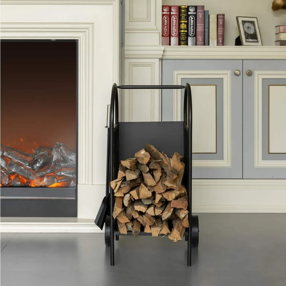 Indoor And Outdoor Patio Iron Firewood Log Cart With Wheels And Fireplace Tool Set, Black 6 Indoor And Outdoor Patio Iron Firewood Log Cart With Wheels And Fireplace Tool Set, Black - Image 6