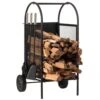 Indoor And Outdoor Patio Iron Firewood Log Cart With Wheels And Fireplace Tool Set, Black
