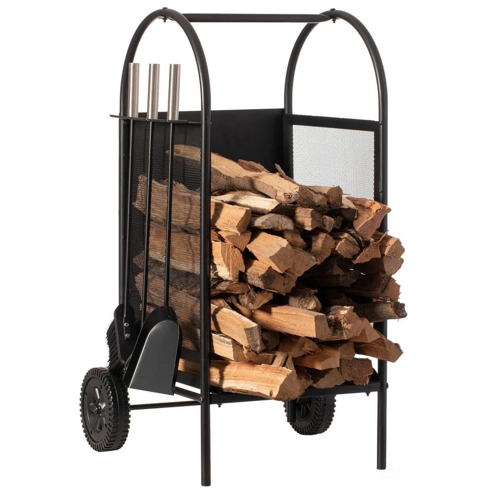 Indoor And Outdoor Patio Iron Firewood Log Cart With Wheels And Fireplace Tool Set, Black 1 Indoor And Outdoor Patio Iron Firewood Log Cart With Wheels And Fireplace Tool Set, Black