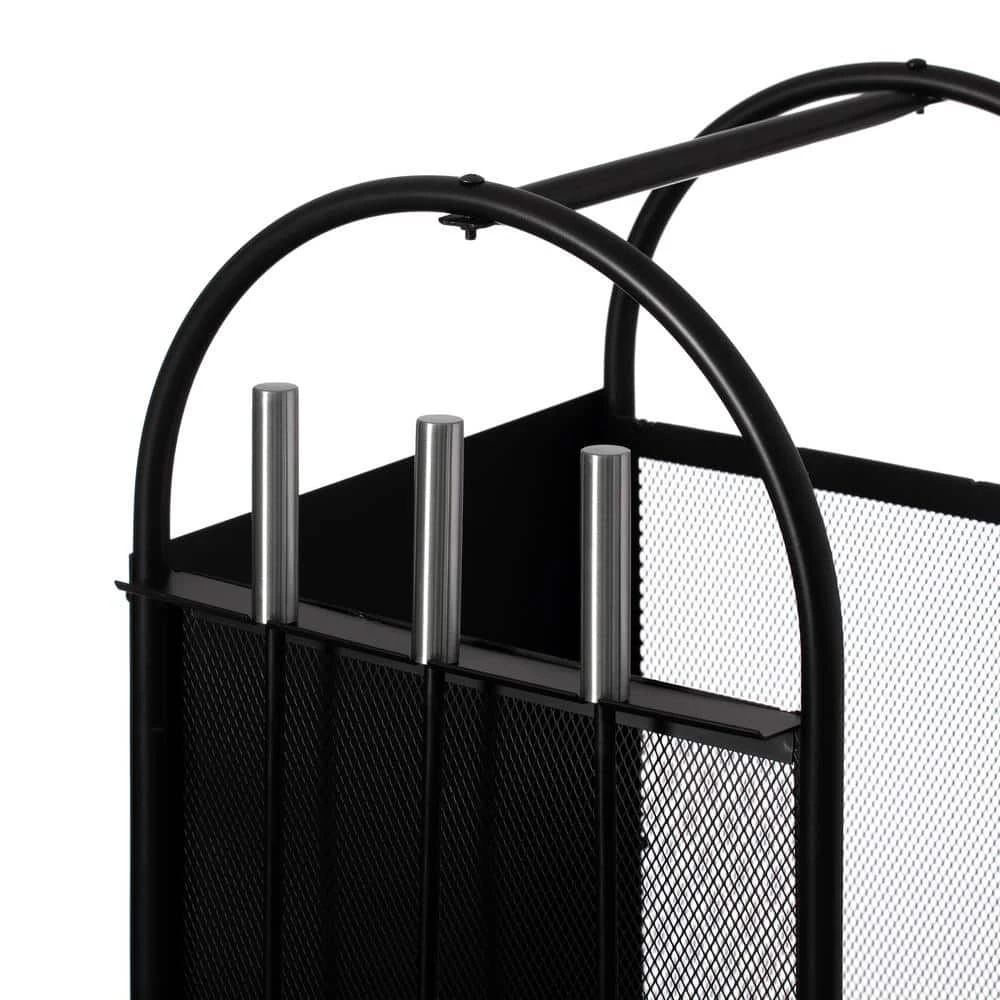 Indoor And Outdoor Patio Iron Firewood Log Cart With Wheels And Fireplace Tool Set, Black 2 Indoor And Outdoor Patio Iron Firewood Log Cart With Wheels And Fireplace Tool Set, Black - Image 2