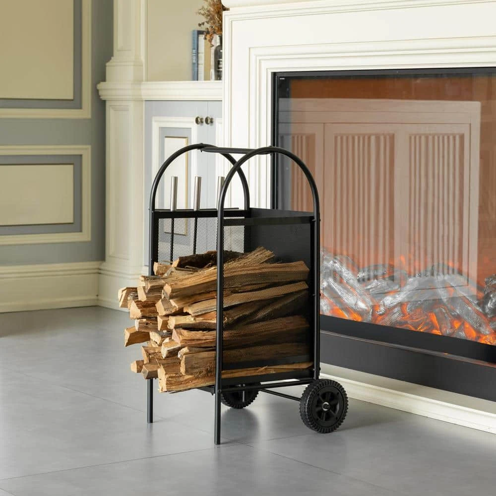 Indoor And Outdoor Patio Iron Firewood Log Cart With Wheels And Fireplace Tool Set, Black 9 Indoor And Outdoor Patio Iron Firewood Log Cart With Wheels And Fireplace Tool Set, Black - Image 9
