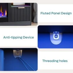 71 In. Fluted Glossy Black Electric Fireplace TV Stand Fits TV Up To 75 In. Entertainment Center With Cabinet -Fire Place Store glossy black bestier fireplace tv stands usthdczus l104018fp blksbt m 1d 1000