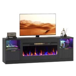 71 In. Fluted Glossy Black Electric Fireplace TV Stand Fits TV Up To 75 In. Entertainment Center With Cabinet -Fire Place Store glossy black bestier fireplace tv stands usthdczus l104018fp blksbt m 31 1000