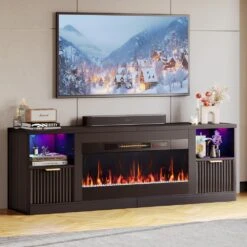 71 In. Fluted Glossy Black Electric Fireplace TV Stand Fits TV Up To 75 In. Entertainment Center With Cabinet