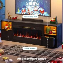 71 In. Fluted Glossy Black Electric Fireplace TV Stand Fits TV Up To 75 In. Entertainment Center With Cabinet -Fire Place Store glossy black bestier fireplace tv stands usthdczus l104018fp blksbt m 66 1000