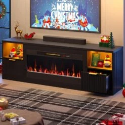 71 In. Fluted Glossy Black Electric Fireplace TV Stand Fits TV Up To 75 In. Entertainment Center With Cabinet -Fire Place Store glossy black bestier fireplace tv stands usthdczus l104018fp blksbt m 77 1000