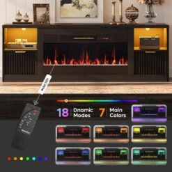 71 In. Fluted Glossy Black Electric Fireplace TV Stand Fits TV Up To 75 In. Entertainment Center With Cabinet -Fire Place Store glossy black bestier fireplace tv stands usthdczus l104018fp blksbt m a0 1000