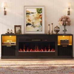71 In. Fluted Glossy Black Electric Fireplace TV Stand Fits TV Up To 75 In. Entertainment Center With Cabinet -Fire Place Store glossy black bestier fireplace tv stands usthdczus l104018fp blksbt m c3 1000