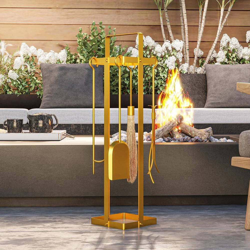 7.9 In. X 31.5 In. Gold Metal 5-Piece Fireplace Tools Set With Brush Broom, Poker, Shovel, Tongs And Stand For Chimney 8 7.9 In. X 31.5 In. Gold Metal 5-Piece Fireplace Tools Set With Brush Broom, Poker, Shovel, Tongs And Stand For Chimney - Image 8