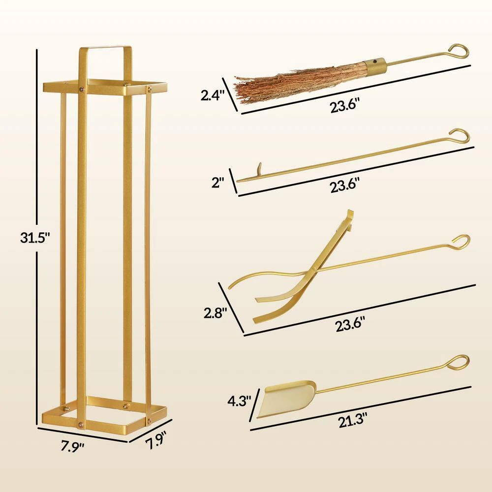 7.9 In. X 31.5 In. Gold Metal 5-Piece Fireplace Tools Set With Brush Broom, Poker, Shovel, Tongs And Stand For Chimney 7 7.9 In. X 31.5 In. Gold Metal 5-Piece Fireplace Tools Set With Brush Broom, Poker, Shovel, Tongs And Stand For Chimney - Image 7