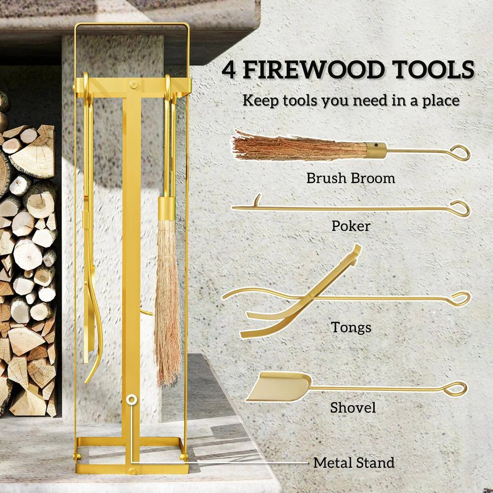 7.9 In. X 31.5 In. Gold Metal 5-Piece Fireplace Tools Set With Brush Broom, Poker, Shovel, Tongs And Stand For Chimney 2 7.9 In. X 31.5 In. Gold Metal 5-Piece Fireplace Tools Set With Brush Broom, Poker, Shovel, Tongs And Stand For Chimney - Image 2