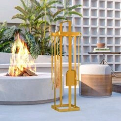 7.9 In. X 31.5 In. Gold Metal 5-Piece Fireplace Tools Set With Brush Broom, Poker, Shovel, Tongs And Stand For Chimney 13 7.9 In. X 31.5 In. Gold Metal 5-Piece Fireplace Tools Set With Brush Broom, Poker, Shovel, Tongs And Stand For Chimney -Fire Place Store gold tileon outdoor fireplaces yjhdra885 fa 1000