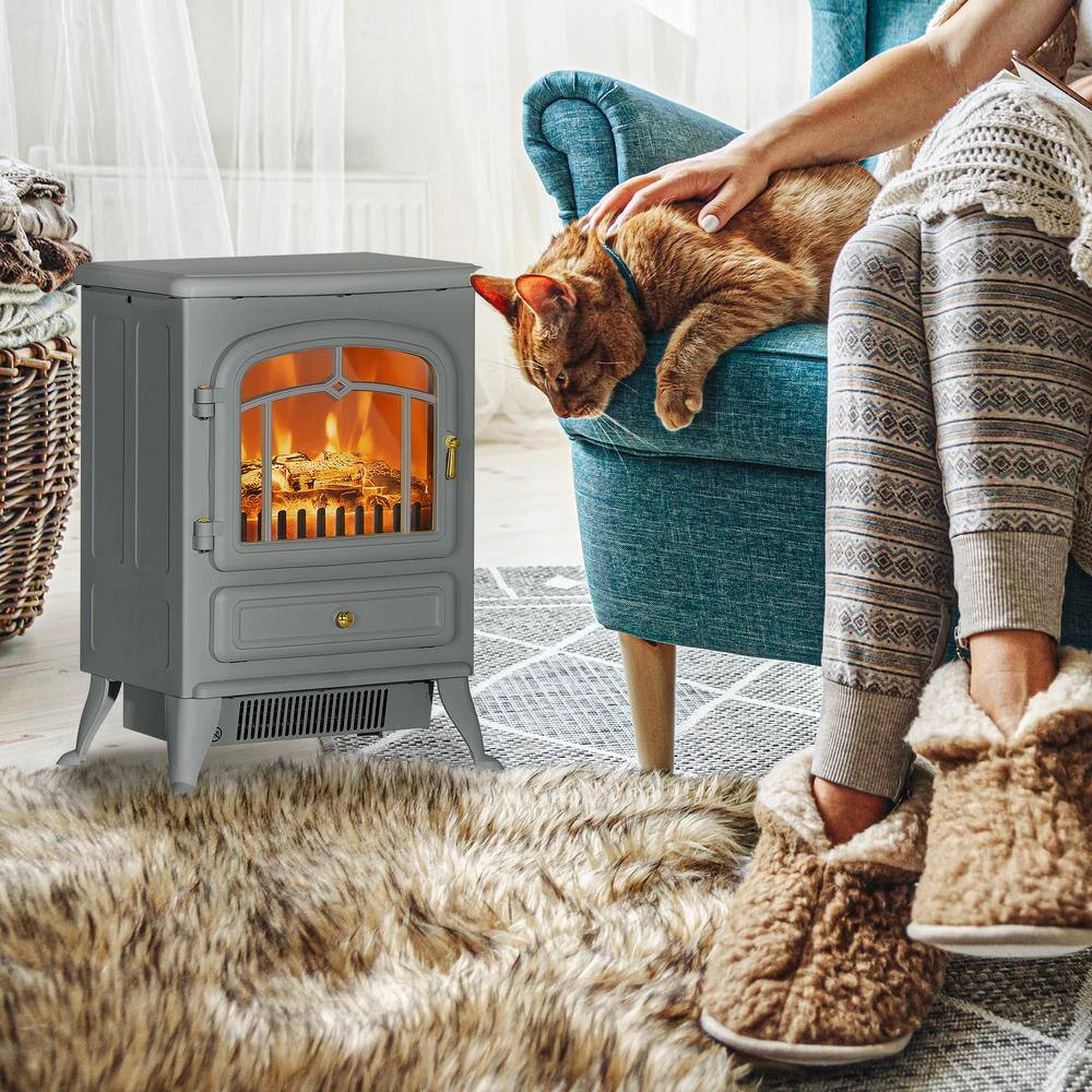 HOMCOM 16.25 In. Freestanding Electric Fireplace Heater With Realistic LED Flames In Gray 4 HOMCOM 16.25 In. Freestanding Electric Fireplace Heater With Realistic LED Flames In Gray - Image 4