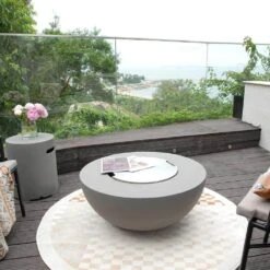 Roca 34 In. X 15 In. Round Concrete Natural Gas Fire Pit In Grey With Canvas Cover And Lava Rock -Fire Place Store gray modeno gas fire pits ofg107 ng 31 1000