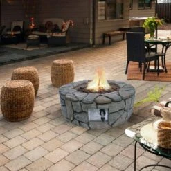 28 In. Outdoor Faux Stone Round Propane Gas Fire Pit, Gray 19 28 In. Outdoor Faux Stone Round Propane Gas Fire Pit, Gray -Fire Place Store gray teamson home gas fire pits hf09501aa 31 1000