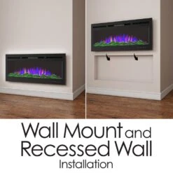 72 Inch Electric Fireplace- Wall Mount Or Recessed-3 Color LED Flame, 10 Ember Bed Colors, 3 Media-Touch Screen & Remote -Fire Place Store gray wall mounted electric fireplaces 415726nlv fa 1000