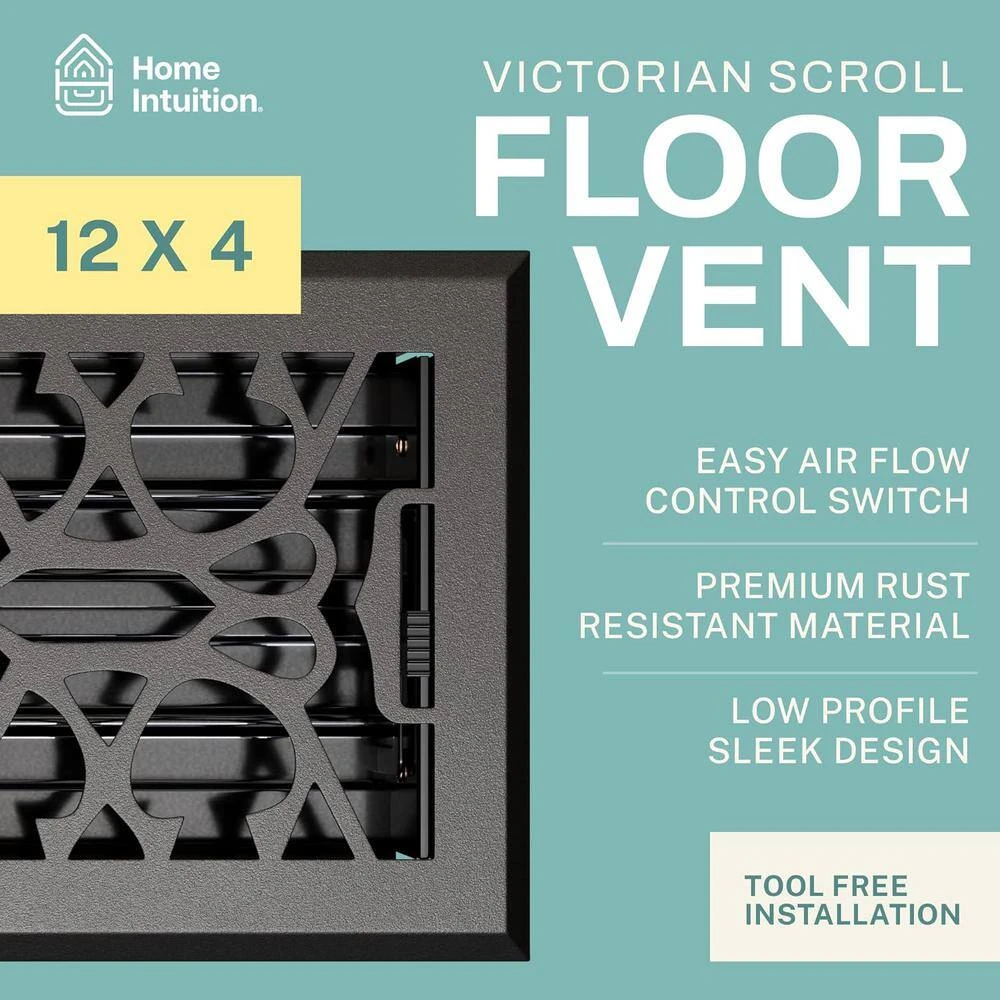 Victorian Scroll 4 X 12 In. Decorative Floor Register Vent With Mesh Cover Trap, Dark Grey 2 Victorian Scroll 4 X 12 In. Decorative Floor Register Vent With Mesh Cover Trap, Dark Grey - Image 2