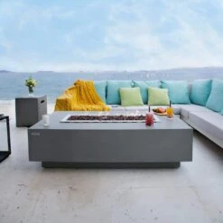 Granville Outdoor Fire Pit 60 In. X 27 In. Rectangular Concrete Propane Fire Table With Lava Rocks And Cover -Fire Place Store grey envelor gas fire pits env ofg121 lp c3 1000