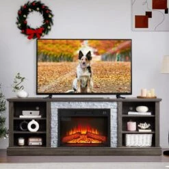 70 In. Freestanding Large TV Desk Storage Rack With Faux Stacked Stone Surround, With Large Storage Cabinet, Grey -Fire Place Store grey toolcat fireplace tv stands xxy1618 sg 1f 1000
