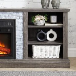 70 In. Freestanding Large TV Desk Storage Rack With Faux Stacked Stone Surround, With Large Storage Cabinet, Grey -Fire Place Store grey toolcat fireplace tv stands xxy1618 sg 44 1000