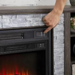 70 In. Freestanding Large TV Desk Storage Rack With Faux Stacked Stone Surround, With Large Storage Cabinet, Grey -Fire Place Store grey toolcat fireplace tv stands xxy1618 sg 76 1000