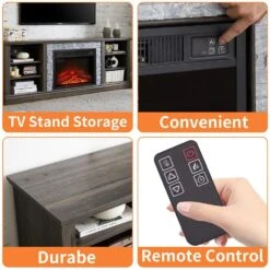 70 In. Freestanding Large TV Desk Storage Rack With Faux Stacked Stone Surround, With Large Storage Cabinet, Grey -Fire Place Store grey toolcat fireplace tv stands xxy1618 sg e1 1000