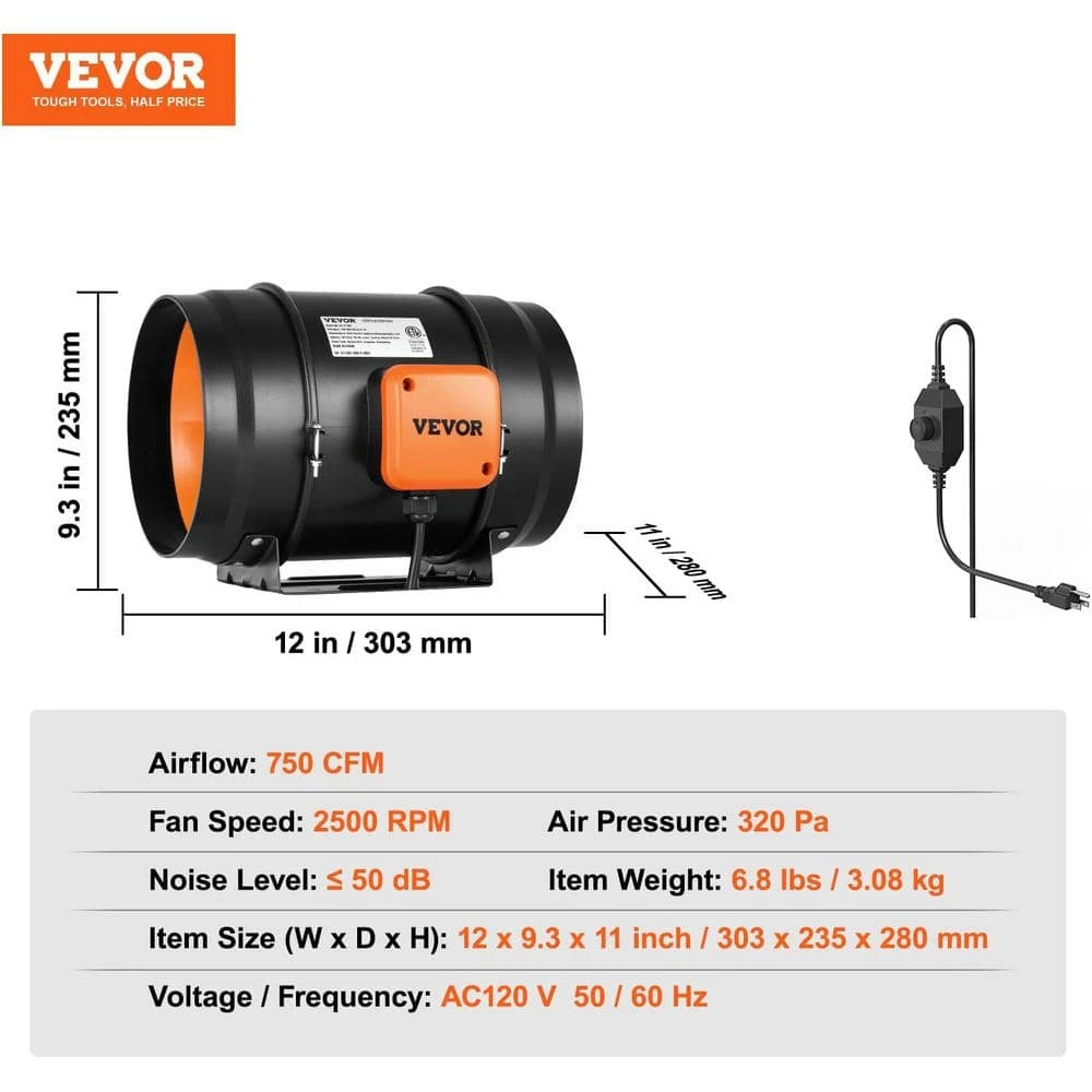8 In. Inline Duct Fan 750 CFM With Variable Speed Controller, Quiet AC-motor Ventilation Exhaust Fan 8 8 In. Inline Duct Fan 750 CFM With Variable Speed Controller, Quiet AC-motor Ventilation Exhaust Fan - Image 8