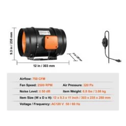 8 In. Inline Duct Fan, 750 CFM, Quiet AC-Motor Ventilation Exhaust Fan For Cooling Booster, Grow Tents, Hydroponics -Fire Place Store grow room ventilation xlgdfjychsac845cbv1 s1121 76 1000