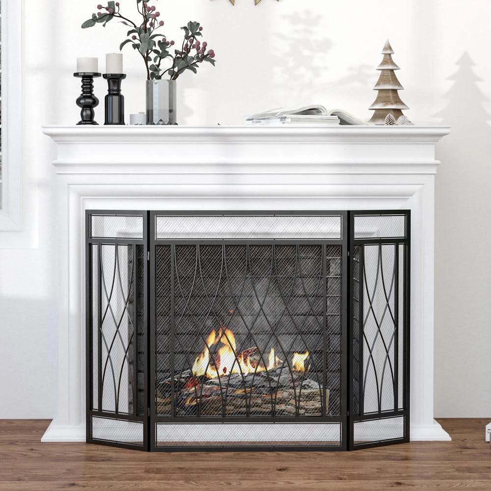 HOMCOM 49.5 In. X 31.5 In. Black 3-Panel Folding Fireplace Screen, Metal Mesh Fire Spark Guard 2 HOMCOM 49.5 In. X 31.5 In. Black 3-Panel Folding Fireplace Screen, Metal Mesh Fire Spark Guard - Image 2