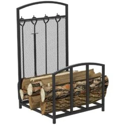 15.3 In. W Heavy-Duty Indoor-Outdoor Firewood Rack With Fireplace Tools, Includes Poker, Tongs, Broom, Shovel, Black -Fire Place Store huluwat firewood racks s p229413 4f 1000