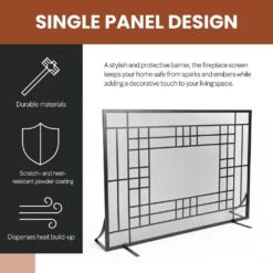 Modern Single-Panel Iron Fireplace Screen, Black -Fire Place Store lavish home fireplace screens 80 fpsr 15 40 1000