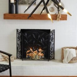 Black Metal Scroll Foldable Mesh Netting 3-Panel Fireplace Screen With Leaf And Vine Relief 13 Black Metal Scroll Foldable Mesh Netting 3-Panel Fireplace Screen With Leaf And Vine Relief -Fire Place Store litton lane fireplace screens 043208 31 1000